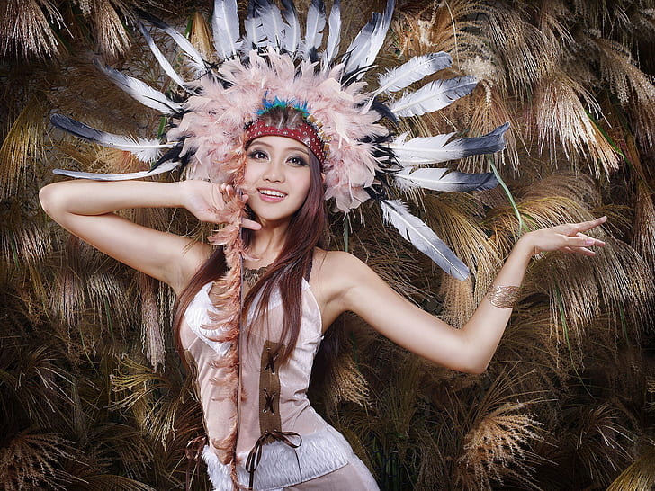 Beautiful girl, asian, feathers hat, women's white and gray feather headdress, HD wallpaper