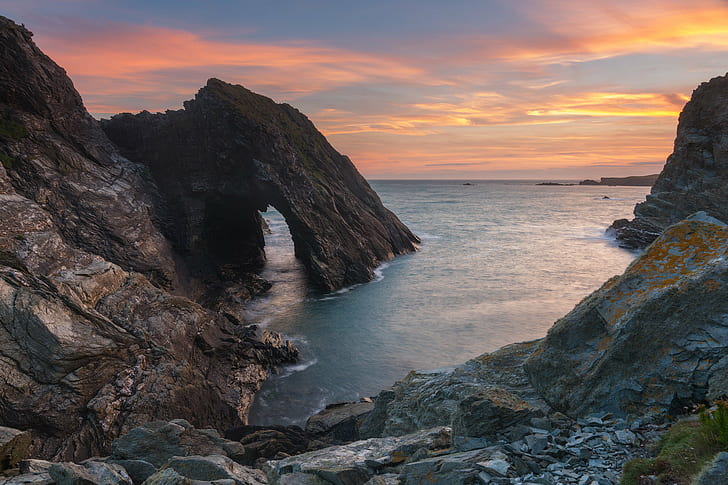 arch rock structure beside ocean, Quiet Corner, Coast, Anglesey, HD wallpaper