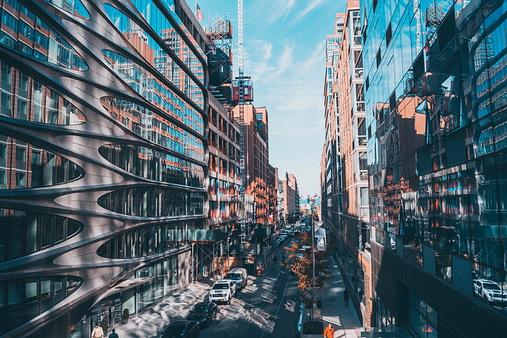 city buildings, New York City, street, modern, architecture, reflection, HD wallpaper