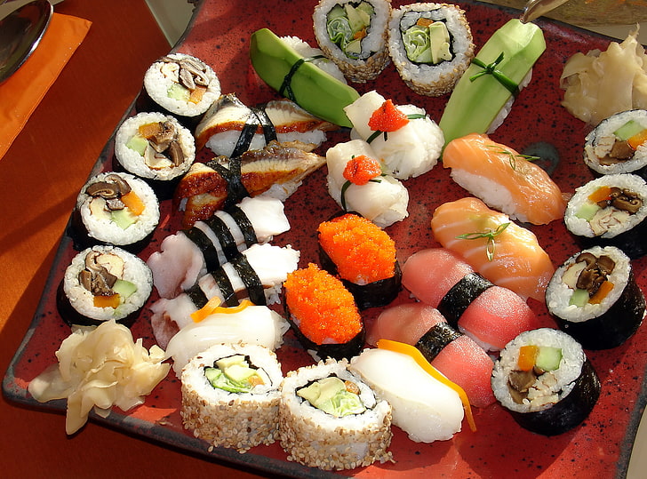 tray with sushi, greens, mushrooms, Japan, pepper, figure, placer, HD wallpaper