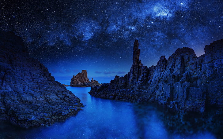 Blue Monolith, rocks, stars, sea, night