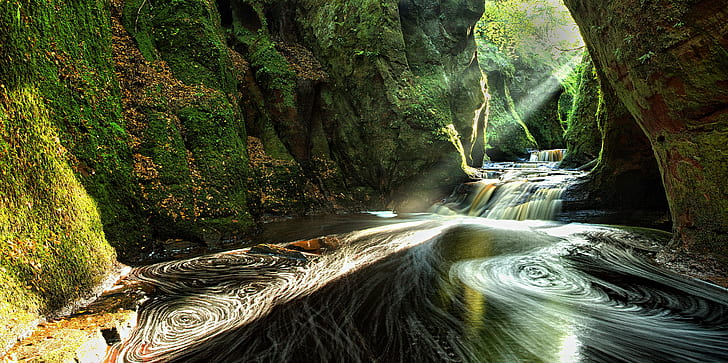 body of water going in mossy cave, Gorge, Sunbeams, Scotland, HD wallpaper