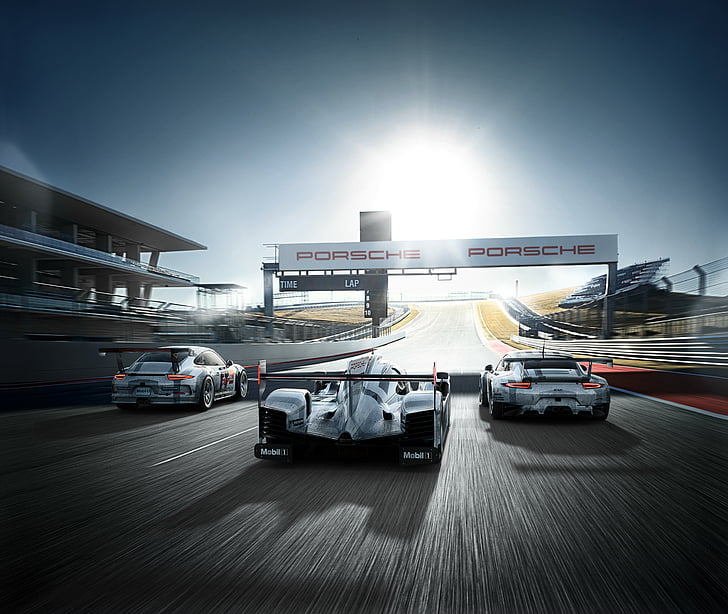 three racing car on track, Porsche 919 Hybrid Le Mans, Porsche 911 RSR