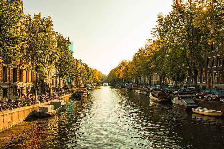 Netherlands, october, canal, boat, Amsterdam, nautical vessel, HD wallpaper