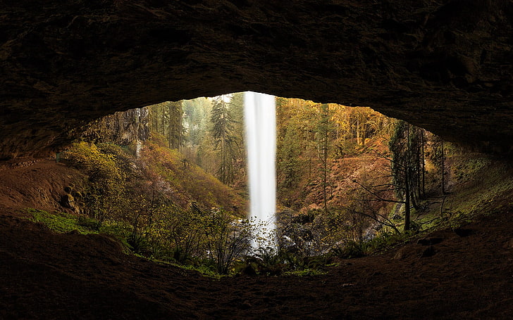 waterfalls with cave, forest, tree, plant, no people, land, scenics - nature, HD wallpaper
