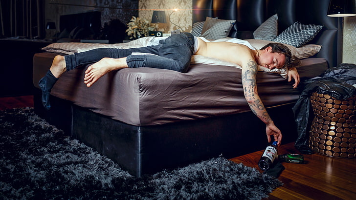 bed, man, the situation, jeans, tattoo, bottle, drunk, sleep