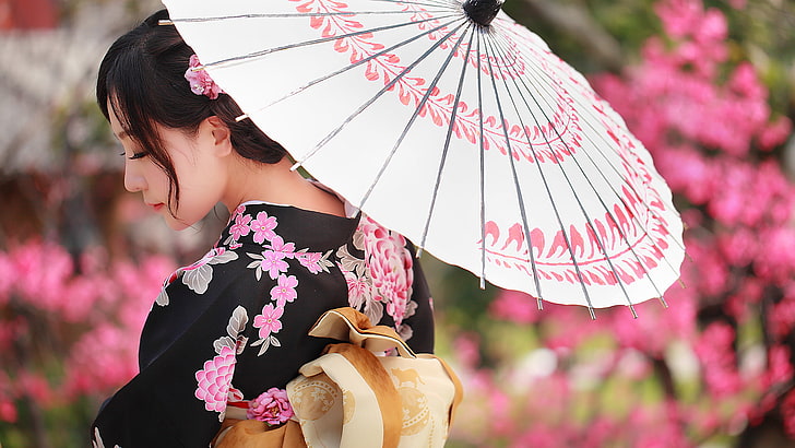 women, model, photography, Asian, kimono, Flower Dress, parasol, HD wallpaper