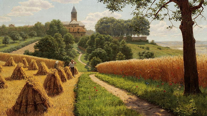 brown wheat fields, digital art, painting, nature, path, dirt road, HD wallpaper
