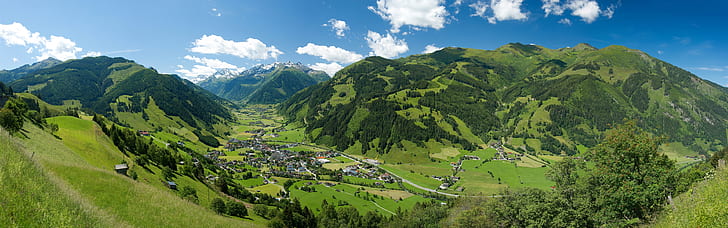 Austrian Alps, mountains, trees, village, houses, top view, panoramic photography of green mountain