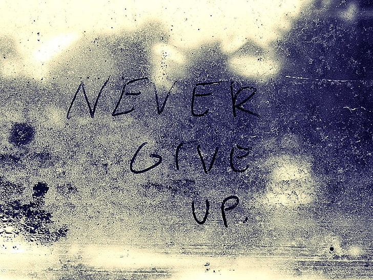 never give up text on gray background, graffiti, motivational