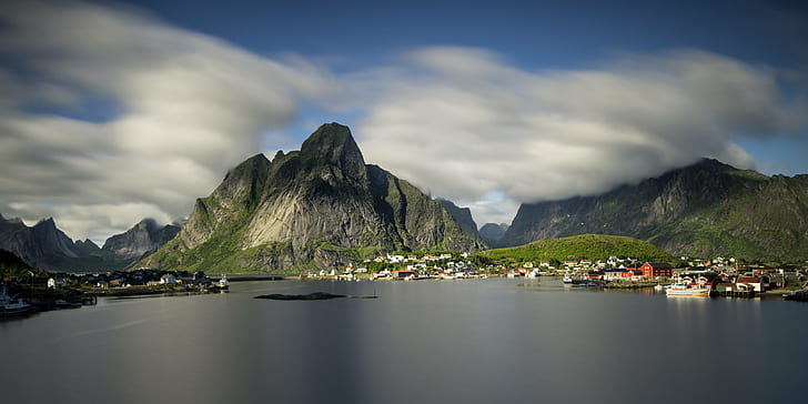 mountains beside body of water and cloudy sky, reine, reine, Panorama, HD wallpaper