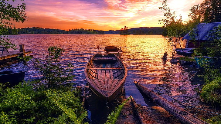 lake, sunset, boat, loch, waterway, orange sky, nature, dusk, HD wallpaper