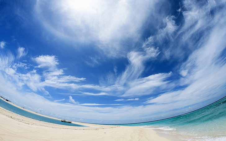 white and blue above ground pool, beach, sky, boat, clouds, cloud - sky, HD wallpaper