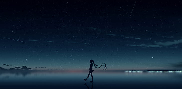 Hd Wallpaper Anime Girls Sky Silhouette Twintails Stars