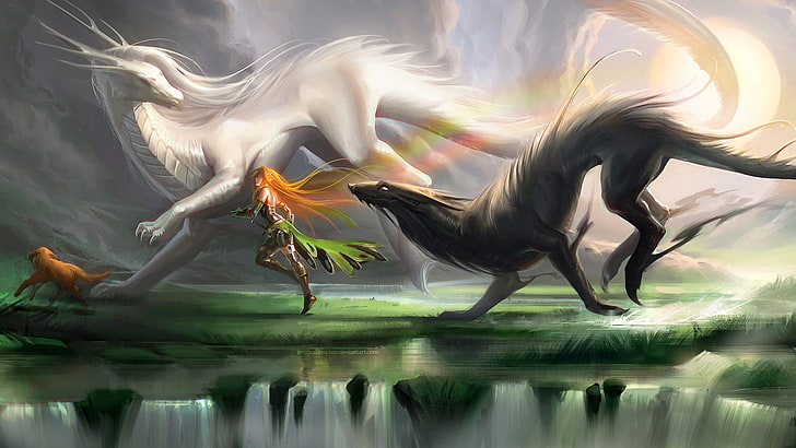 woman running between black and white animals illustration, fantasy art