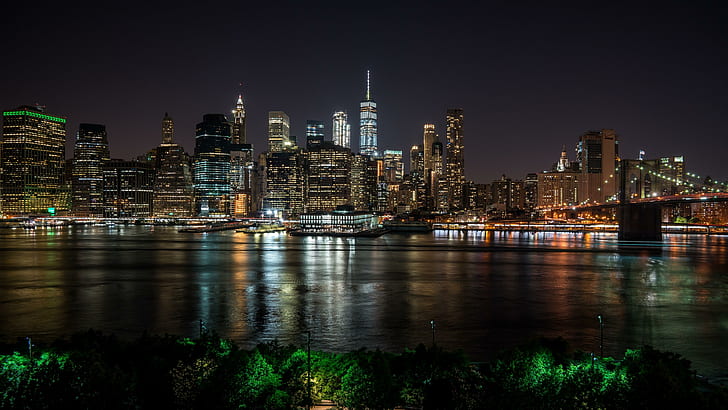 cityscape, new york city, skyline, reflection, metropolis, night, HD wallpaper