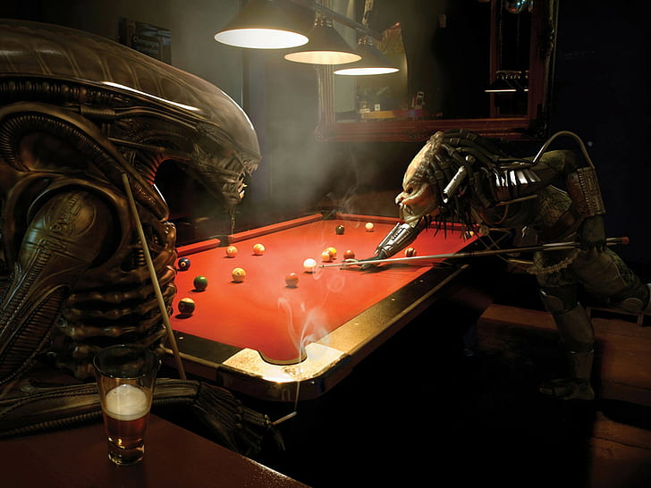 Funny Alien play pool, red and gray pool table, predator, HD wallpaper