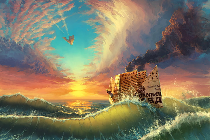 paper boat and sea waves painting, nature, landscape, ship, water, HD wallpaper