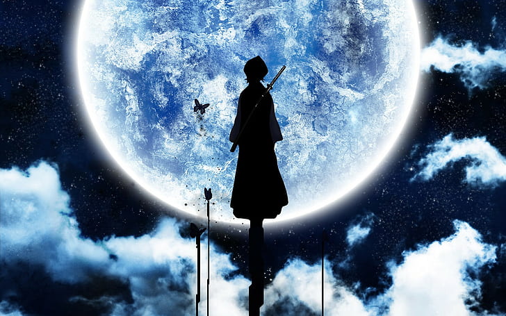 bleach kuchiki rukia moon silhouette butterfly, space, sky, HD wallpaper