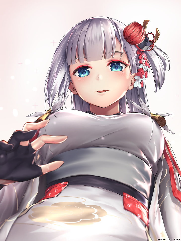 grey haired female anime character, boobs, white  background