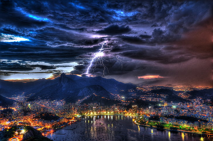 Rio de Janeiro, Brazil, thunder, landscape, Night, sky, clouds, HD wallpaper