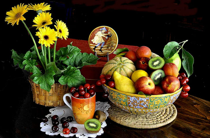 flowers, fruit, mugs, yellow flowers, kiwi (fruit), bowls, flowerpot