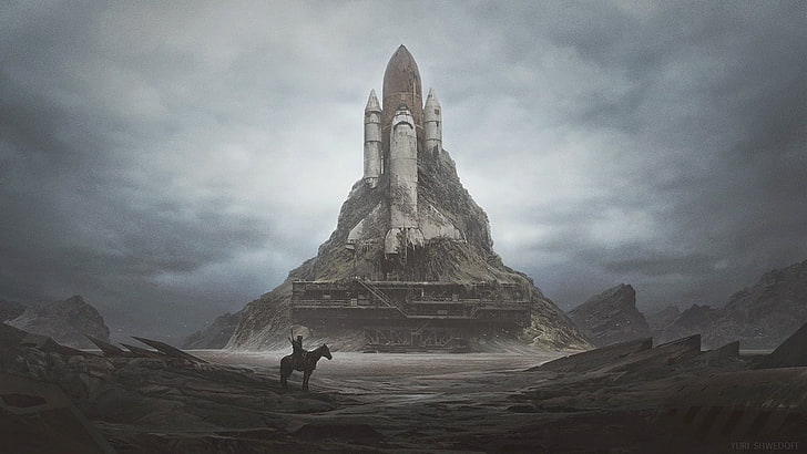 space shuttle wallpaper, space shuttle on mountain, apocalyptic