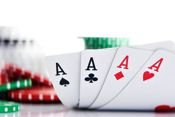 four white playing cards, chips, poker, aces, gambling, leisure Games, HD wallpaper