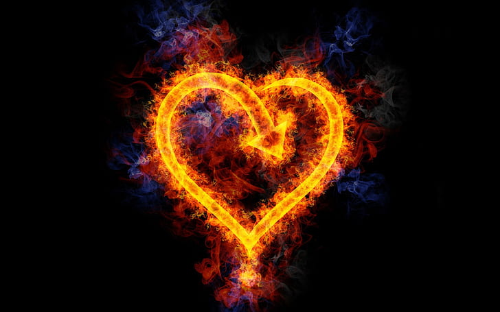 Flame love heart-shaped, blue,black,and orange heart decoration, HD wallpaper