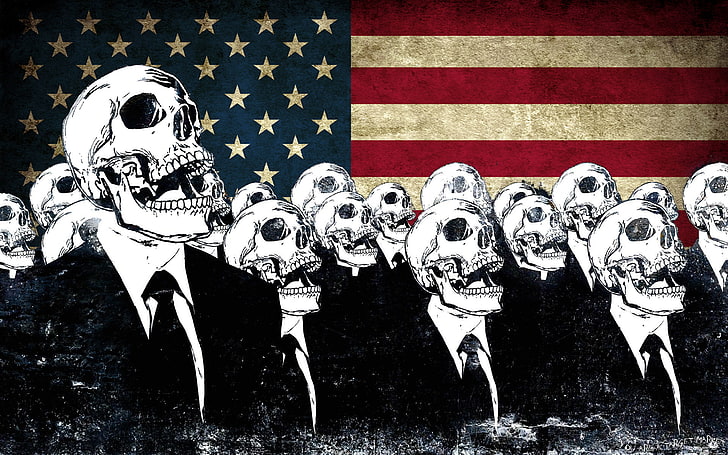 skeleton wearing suit and flag of U.S.A. illustration, USA, cartoon