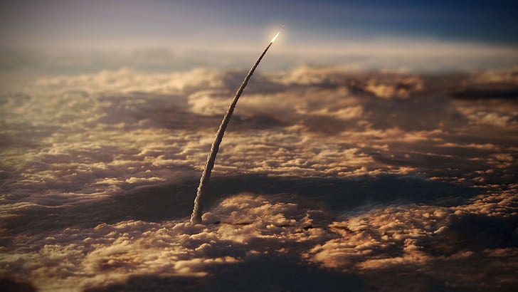 clouds, NASA, space, rocket, Launch, smoke, tilt shift