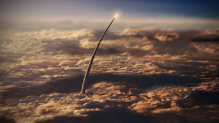white rocket, rocket illustration, space, NASA, tilt shift, clouds