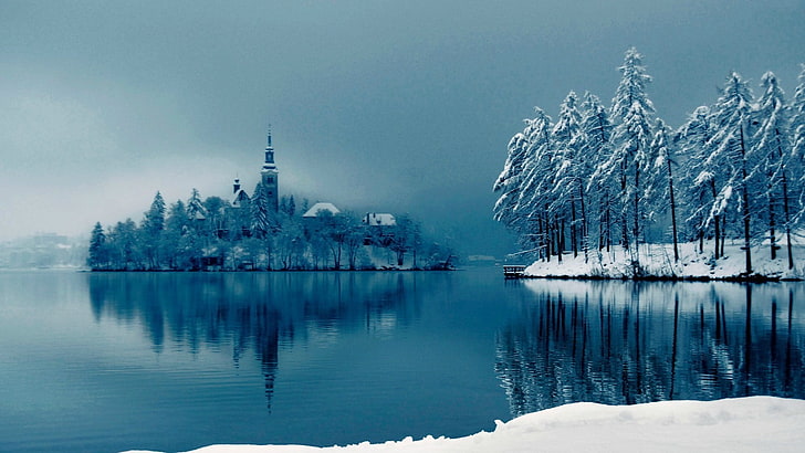 calm body of water, nature, lake, island, winter, landscape, church