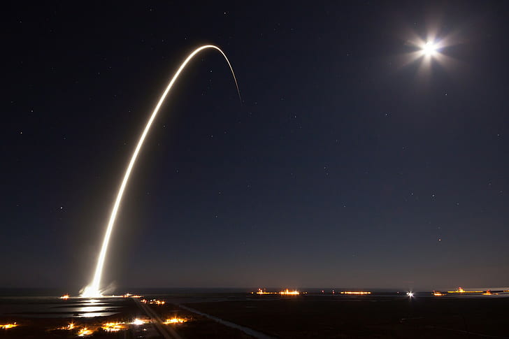 rocket, long exposure, night, sun rays, launching, SpaceX, fire