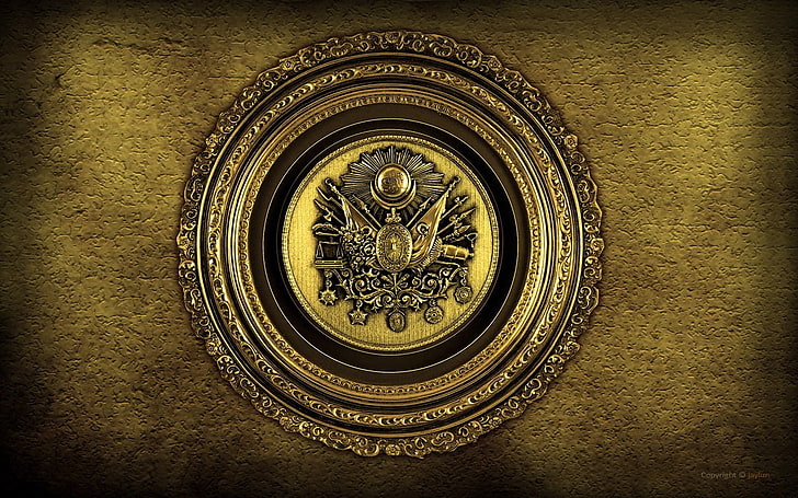 gold-colored emblem, artwork, simple background, Ottoman Empire