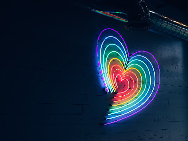 multicolored heart neon light signage, lighting, wall, multi colored