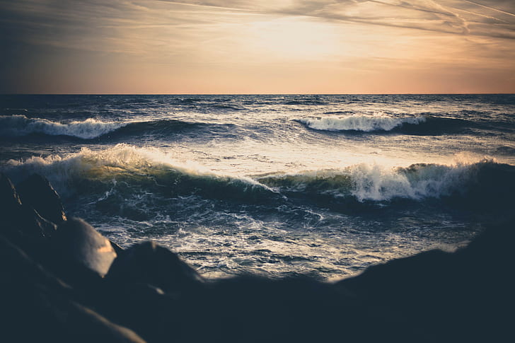 waves, sunset, sea, HD wallpaper