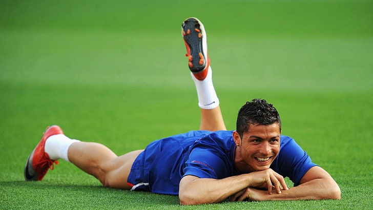 footballers, Cristiano Ronaldo, sport, lying down, grass, men