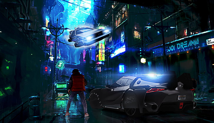 gray car, Back to the Future, digital art, fantasy art, futuristic city
