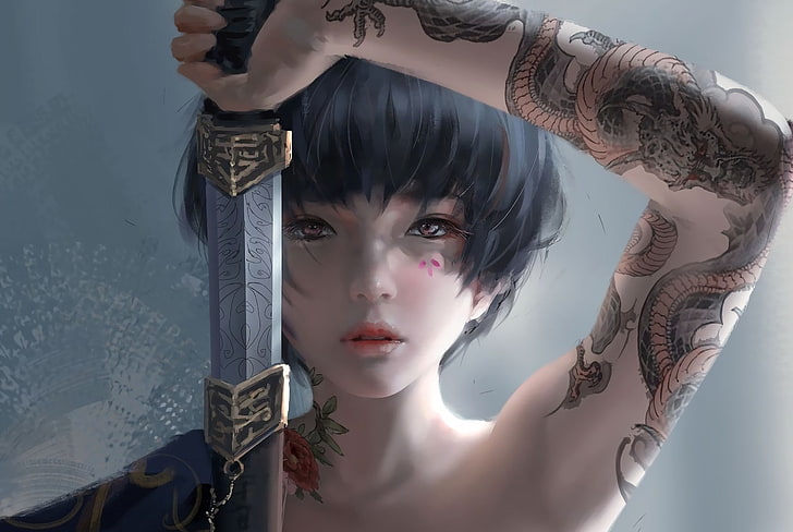 HD wallpaper: look, girl, Japan, sword, tattoo, fantasy, art | Wallpaper  Flare