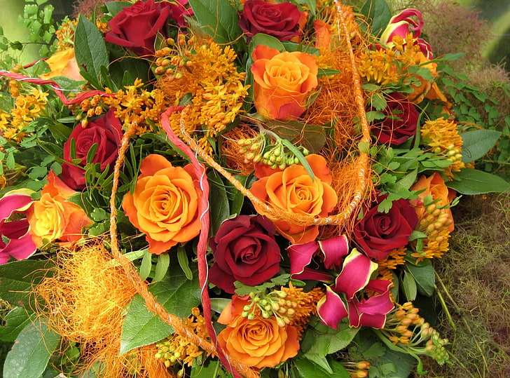 orange and red roses bouquet, flowers, bouquets, composition, HD wallpaper