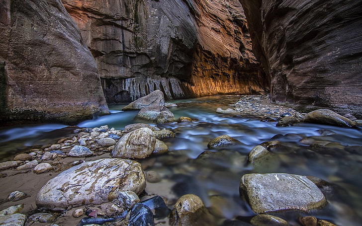 nature, river, water, rock, stones, long exposure, canyon, solid, HD wallpaper