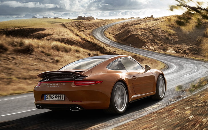 brown Porsche coupe, 911, carrera 4, rear view, road, transportation, HD wallpaper