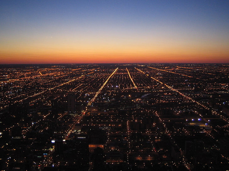 city, cityscape, Chicago, dusk, city lights, sky, architecture, HD wallpaper