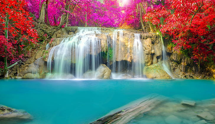 autumn, erawan, national, nature, park, parks, thailand, waterfall, HD wallpaper