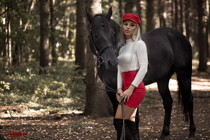women, model, silver hair, outdoors, forest, trees, horse, animals
