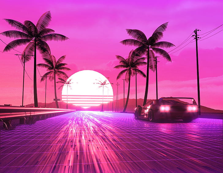 Artistic, Retro Wave, Car, Digital Art, Palm Tree, Pink, Sun
