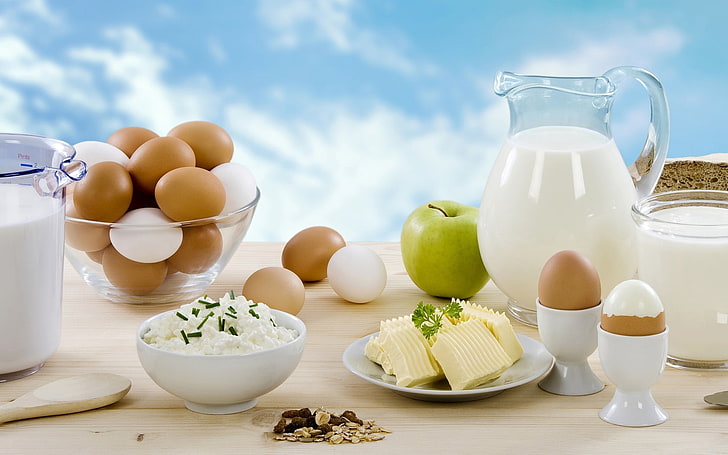 several egg dishes, milk, jug, cream, cheese, herbs, nuts, eggs, HD wallpaper