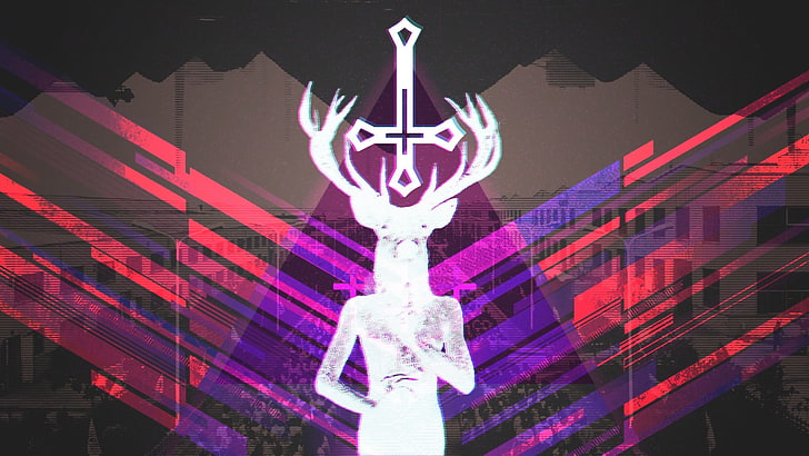 Jagermeister digital wallpaper, glitch art, Satan, illuminated