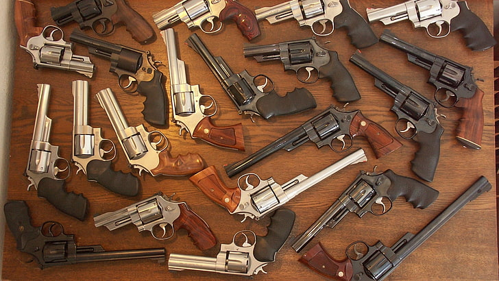 black and gray revolver pistol lot, weapons, guns, iron, revolvers